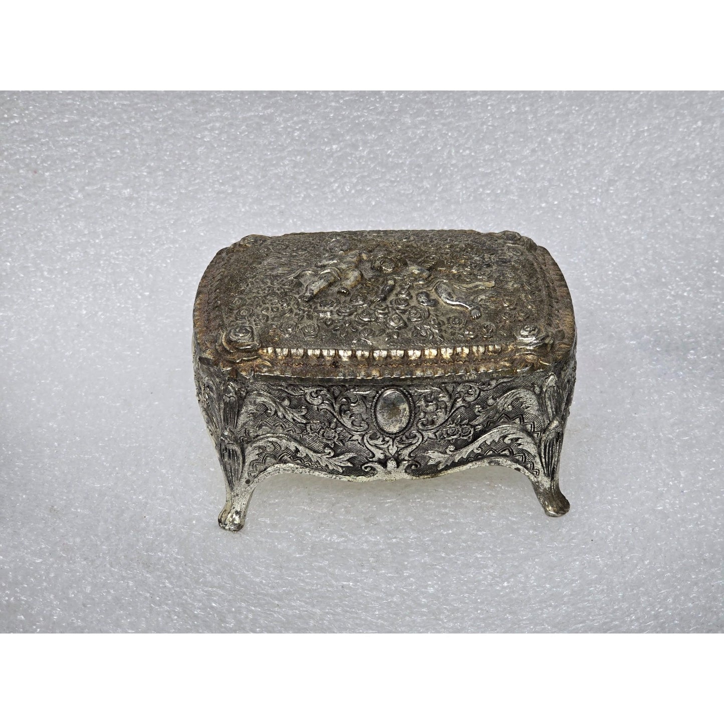 Vintage Ornate Silver-Tone Jewelry Trinket Box Red Velvet Lining & Cherub Design