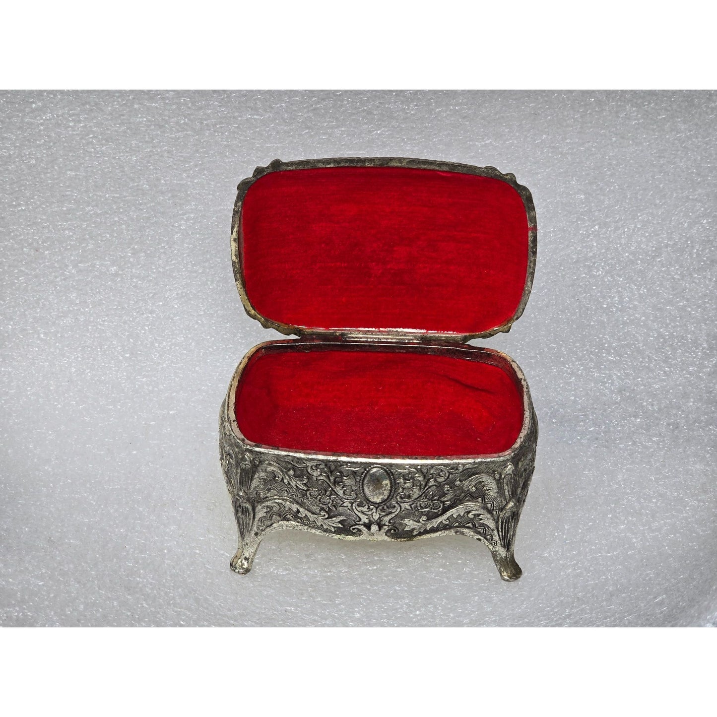 Vintage Ornate Silver-Tone Jewelry Trinket Box Red Velvet Lining & Cherub Design