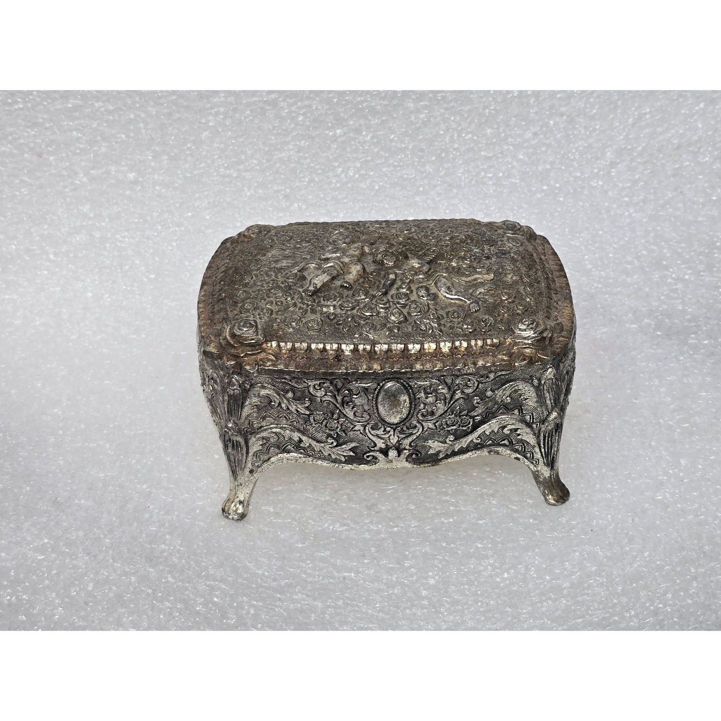 Vintage Ornate Silver-Tone Jewelry Trinket Box Red Velvet Lining & Cherub Design