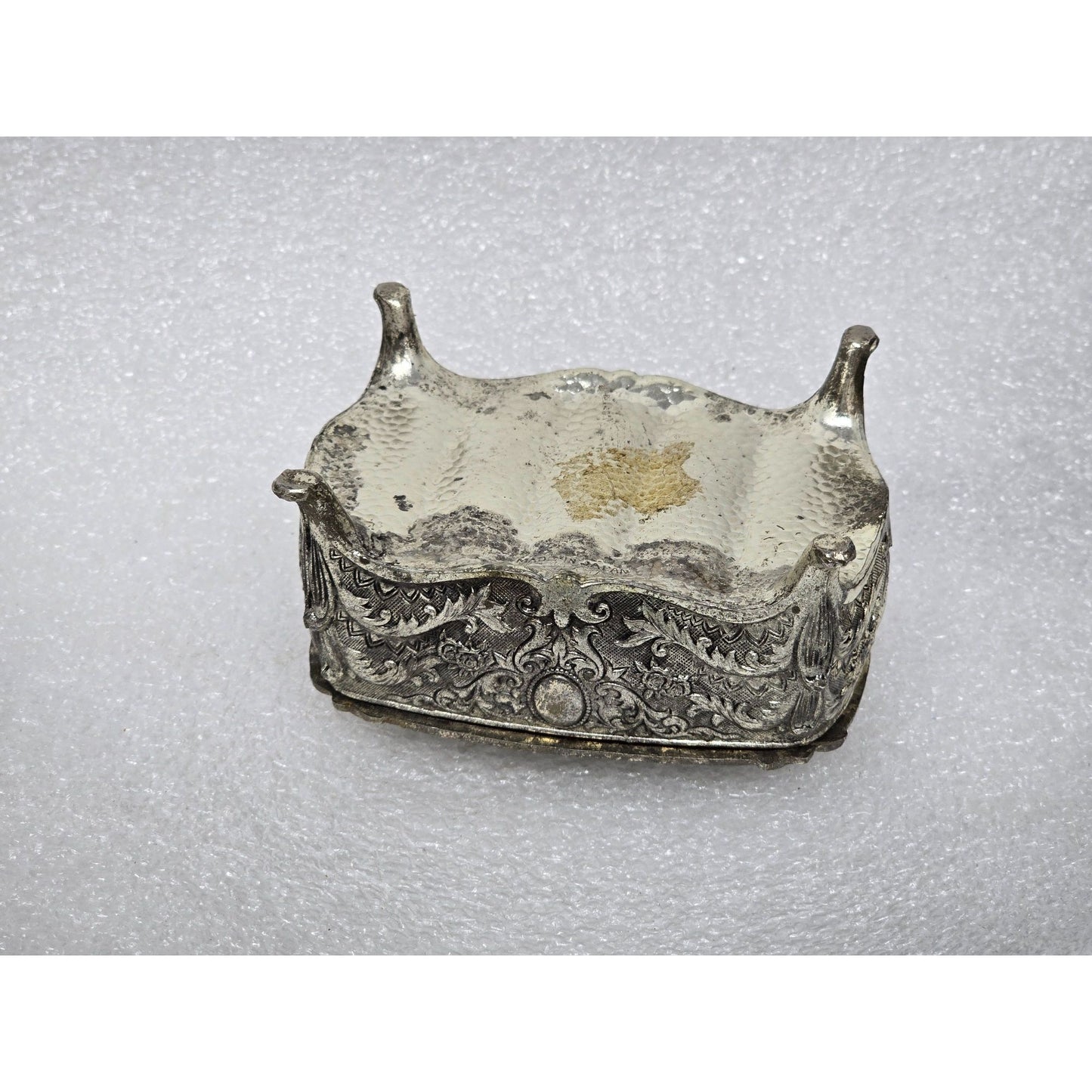 Vintage Ornate Silver-Tone Jewelry Trinket Box Red Velvet Lining & Cherub Design