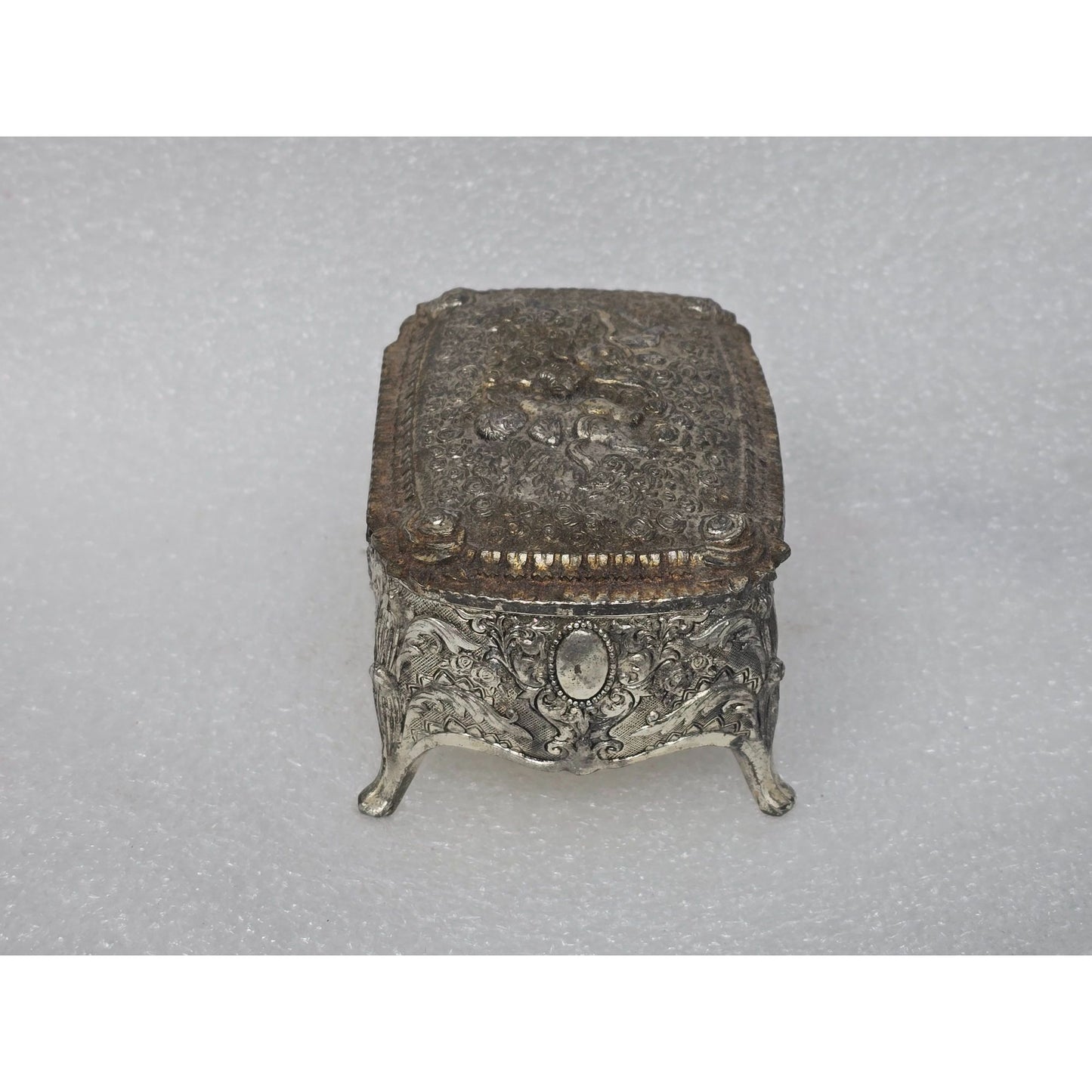 Vintage Ornate Silver-Tone Jewelry Trinket Box Red Velvet Lining & Cherub Design