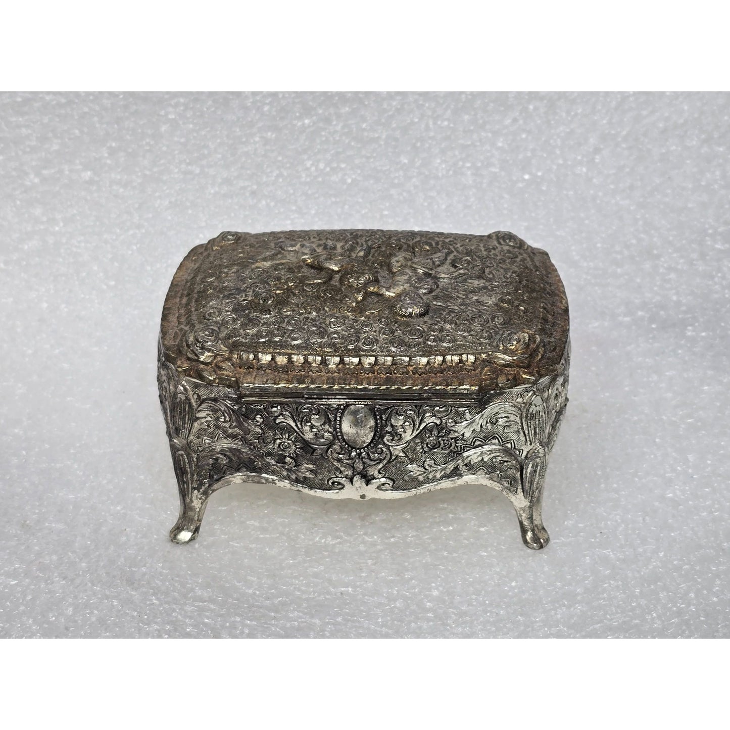 Vintage Ornate Silver-Tone Jewelry Trinket Box Red Velvet Lining & Cherub Design