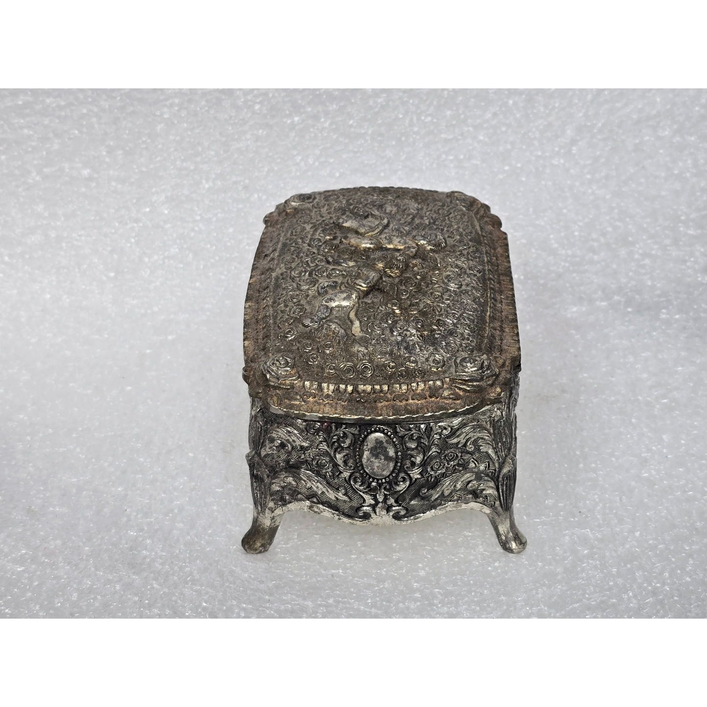 Vintage Ornate Silver-Tone Jewelry Trinket Box Red Velvet Lining & Cherub Design