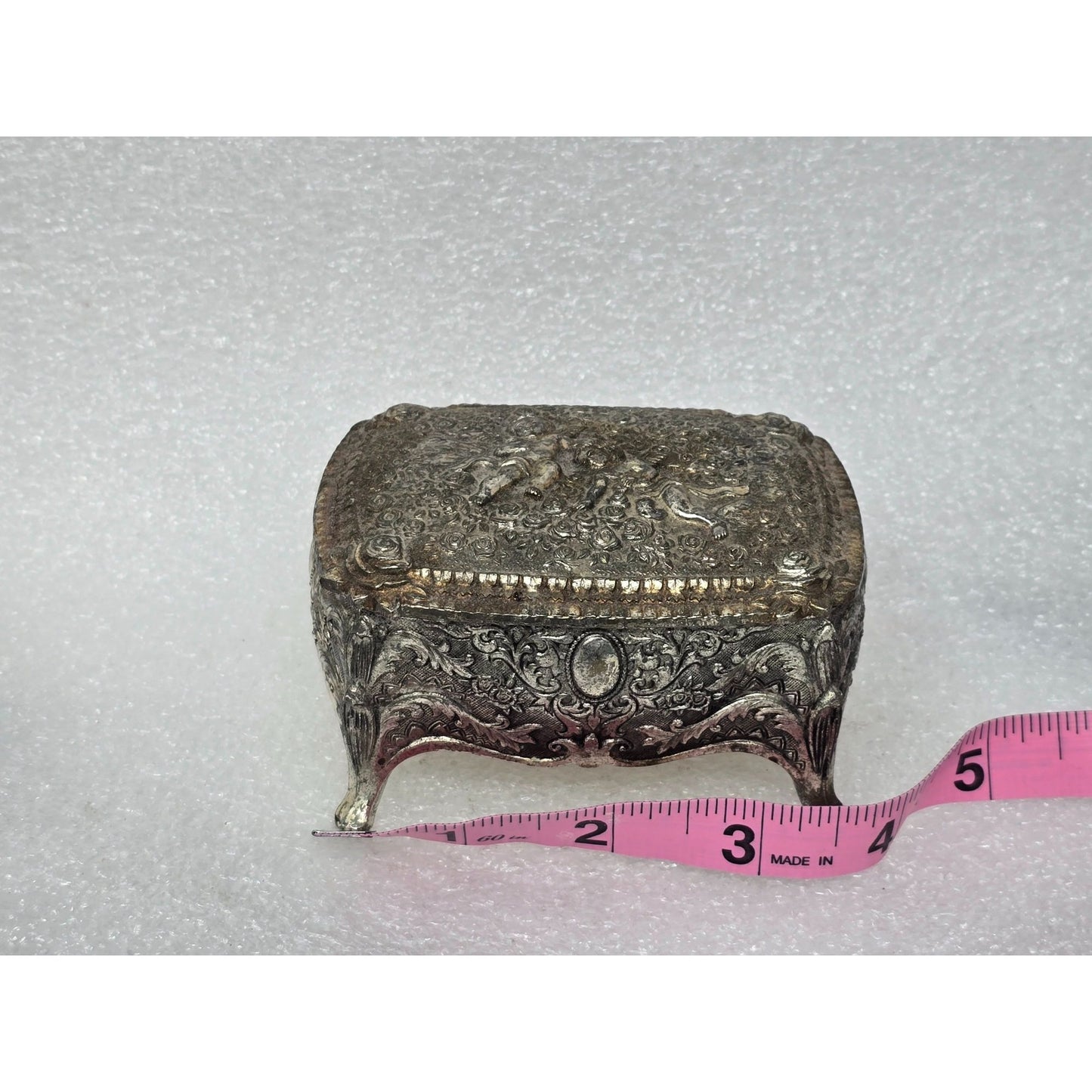 Vintage Ornate Silver-Tone Jewelry Trinket Box Red Velvet Lining & Cherub Design