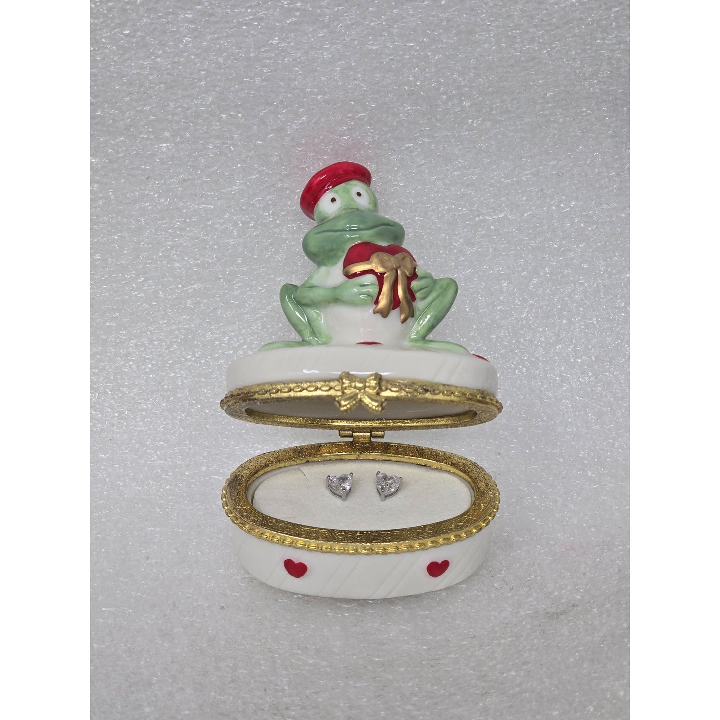 Heart CZ Stud Earrings Prince Charming Frog Keepsake Trinket Box Porcelain