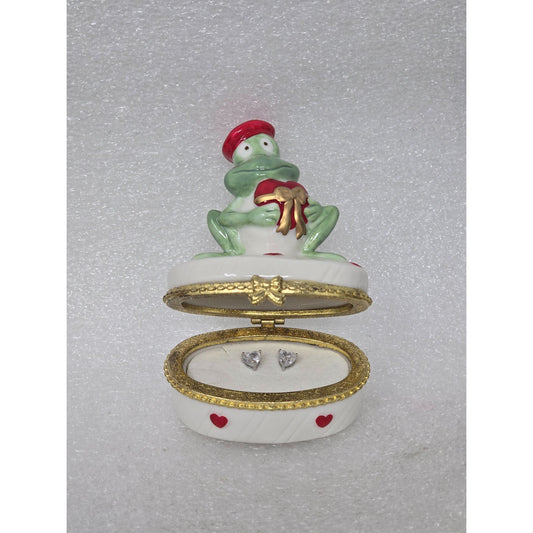 Heart CZ Stud Earrings Prince Charming Frog Keepsake Trinket Box Porcelain