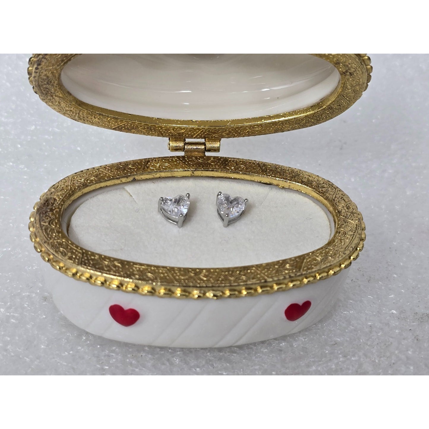 Heart CZ Stud Earrings Prince Charming Frog Keepsake Trinket Box Porcelain
