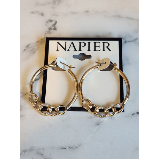 Napier Gold-Tone Hoop Earrings With Chain-Link Design & Clear Rhinestone Accents