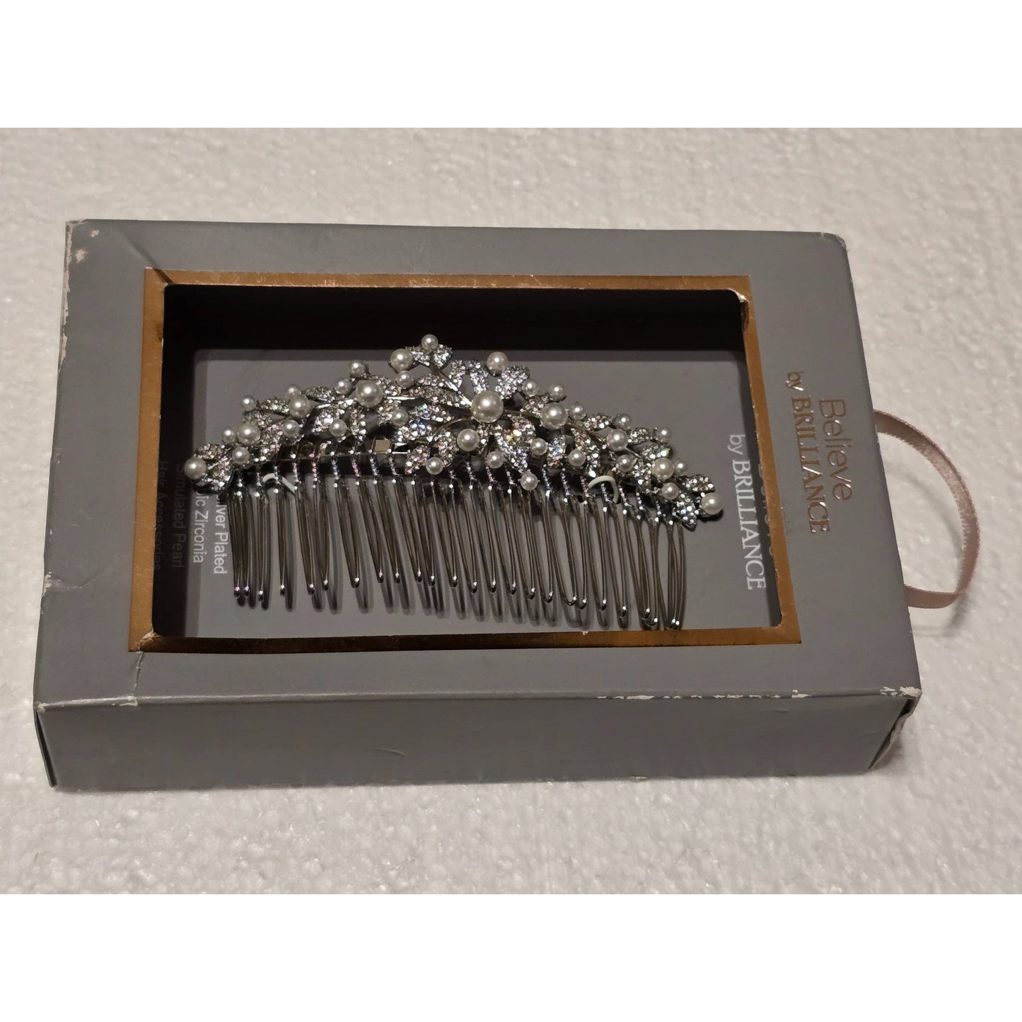 Fine Silver Plated Hair Comb With Simulated Pearls & Cubic Zirconia By Brilliance