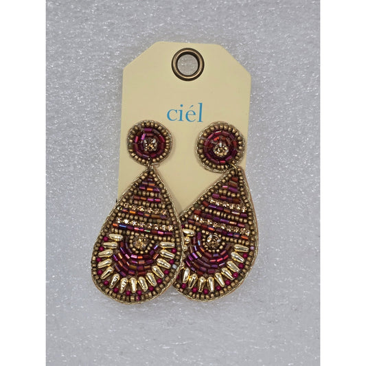 Beaded Tear Drop Statement Earrings Ciél Red & Gold Handmade  Jewelry