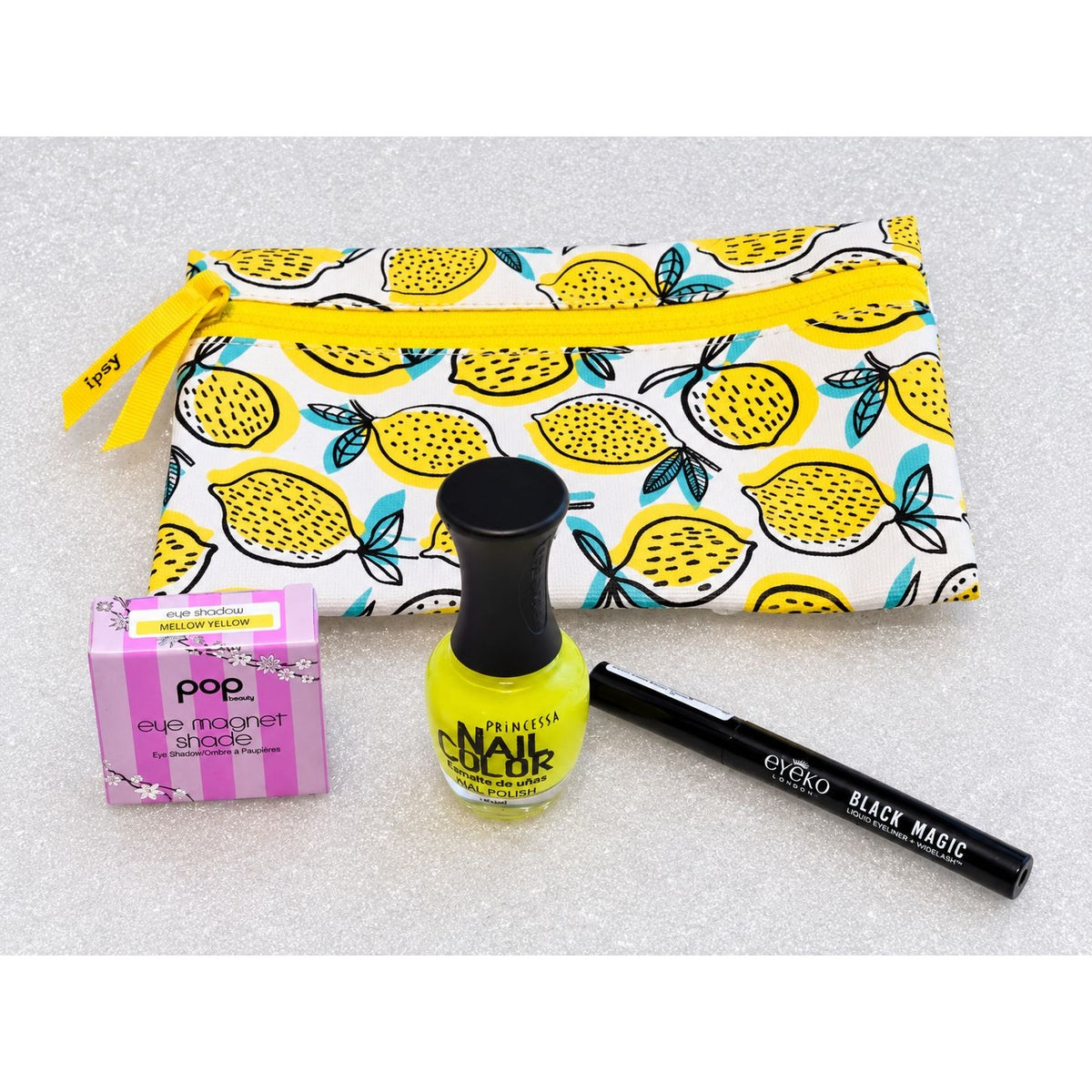 IPSY Lemon Print Makeup Bag POP Beauty Eyeshadow Eyeko Eyeliner Nail Polish Lot