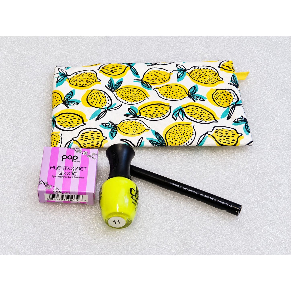 IPSY Lemon Print Makeup Bag POP Beauty Eyeshadow Eyeko Eyeliner Nail Polish Lot