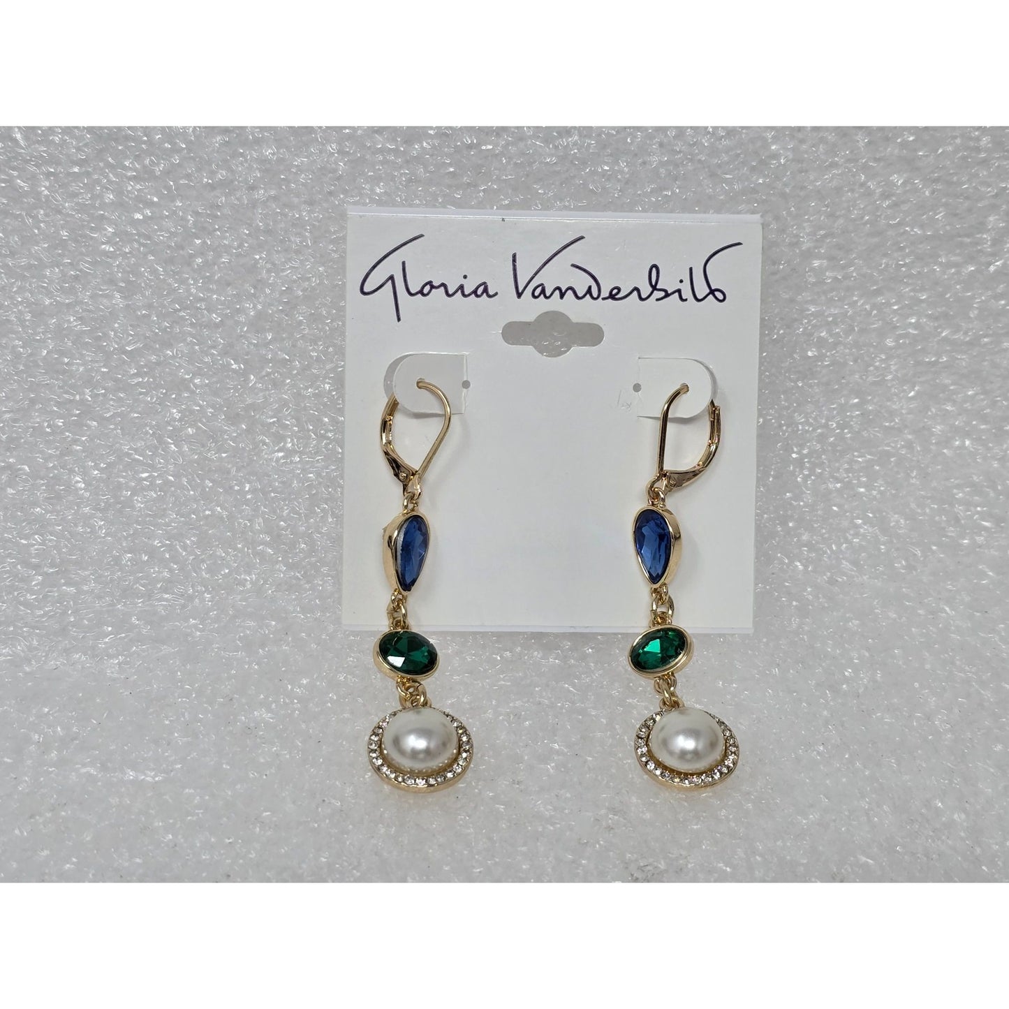 Gold Drop Earrings Blue & Green Stones & Faux Pearl Accents By Gloria Vanderbilt