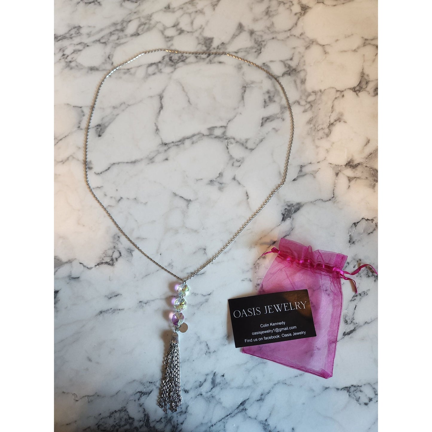 Crystal & Silver Tone Chain Tassel Necklace By Oasis Jewelry With Pink Gift Bag