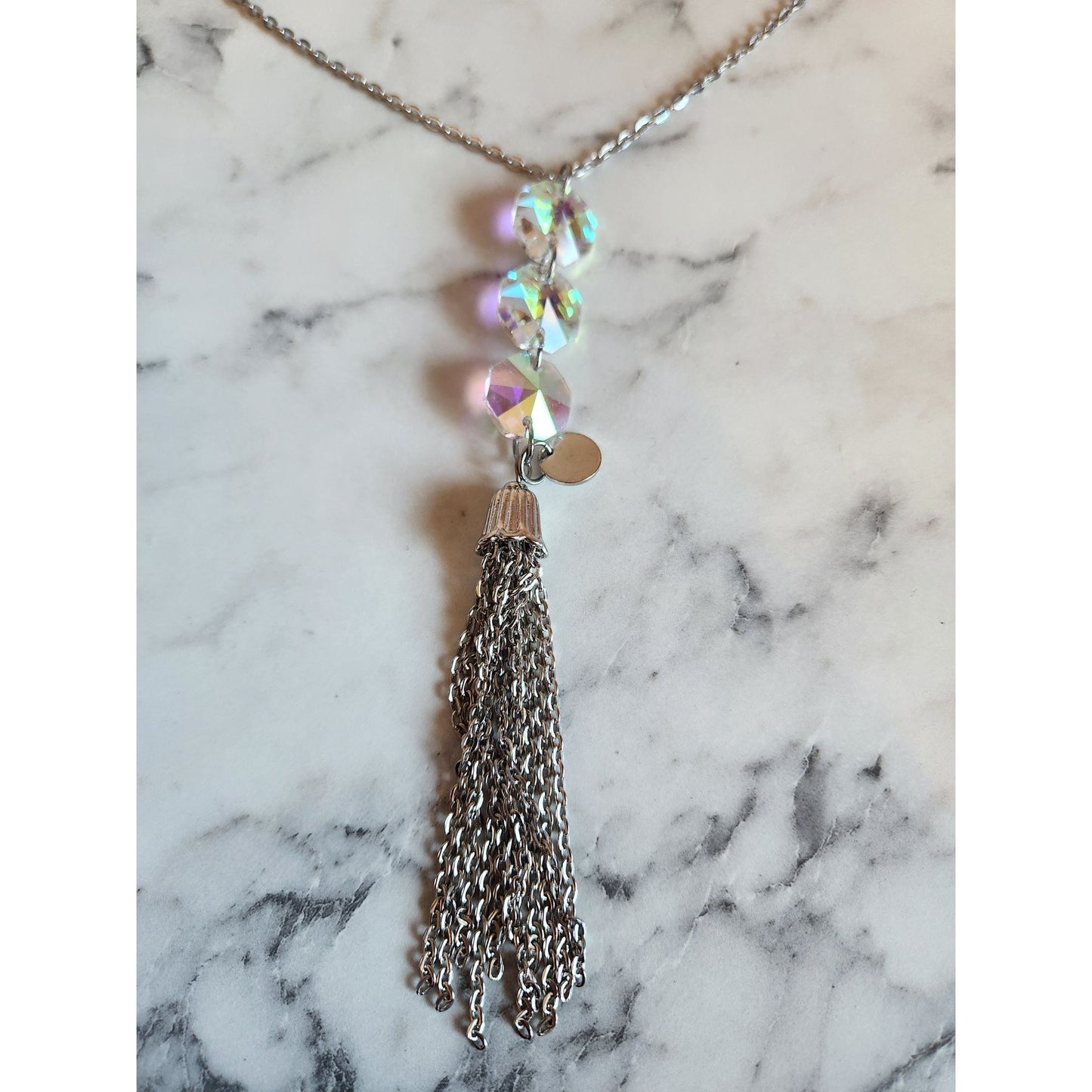 Crystal & Silver Tone Chain Tassel Necklace By Oasis Jewelry With Pink Gift Bag