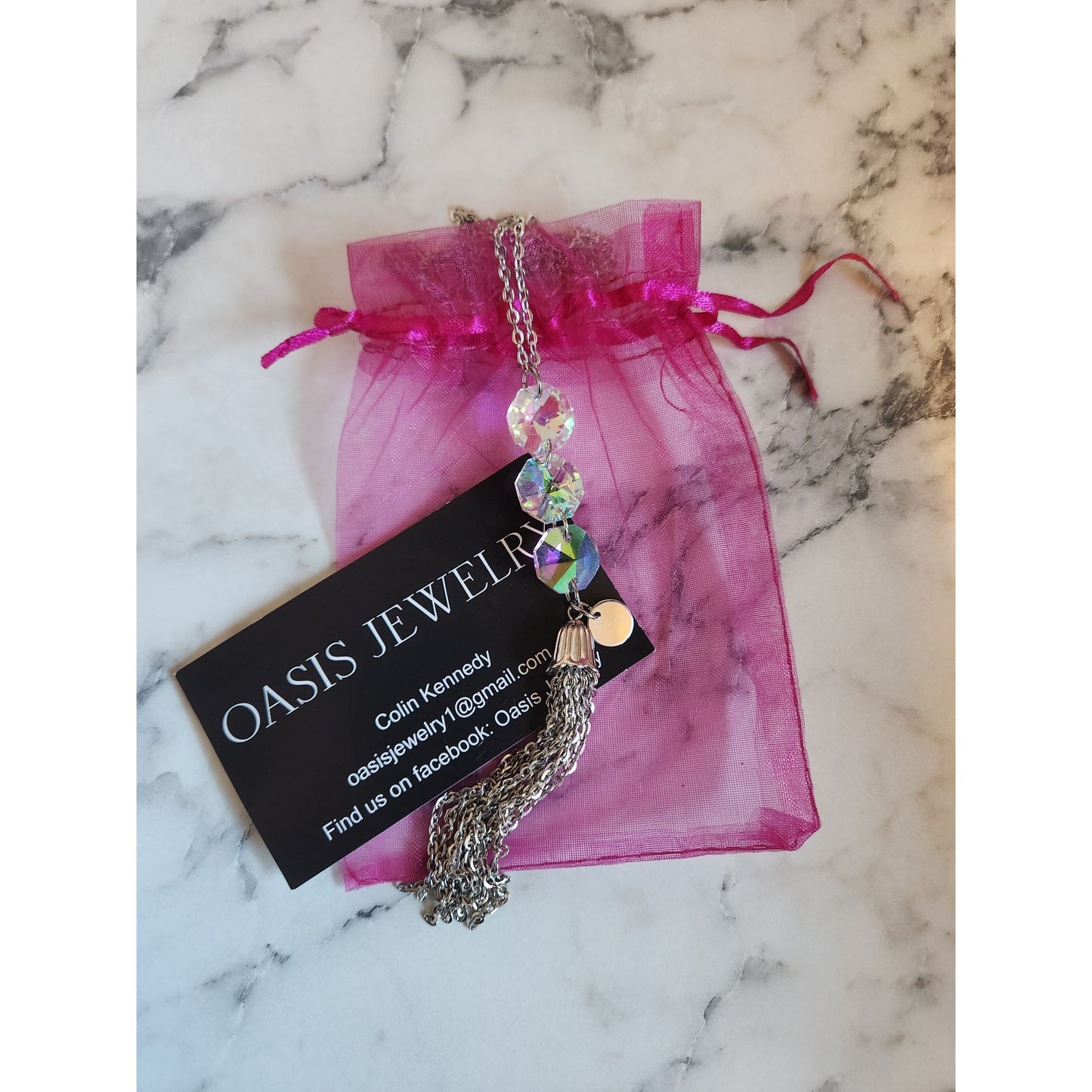 Crystal & Silver Tone Chain Tassel Necklace By Oasis Jewelry With Pink Gift Bag