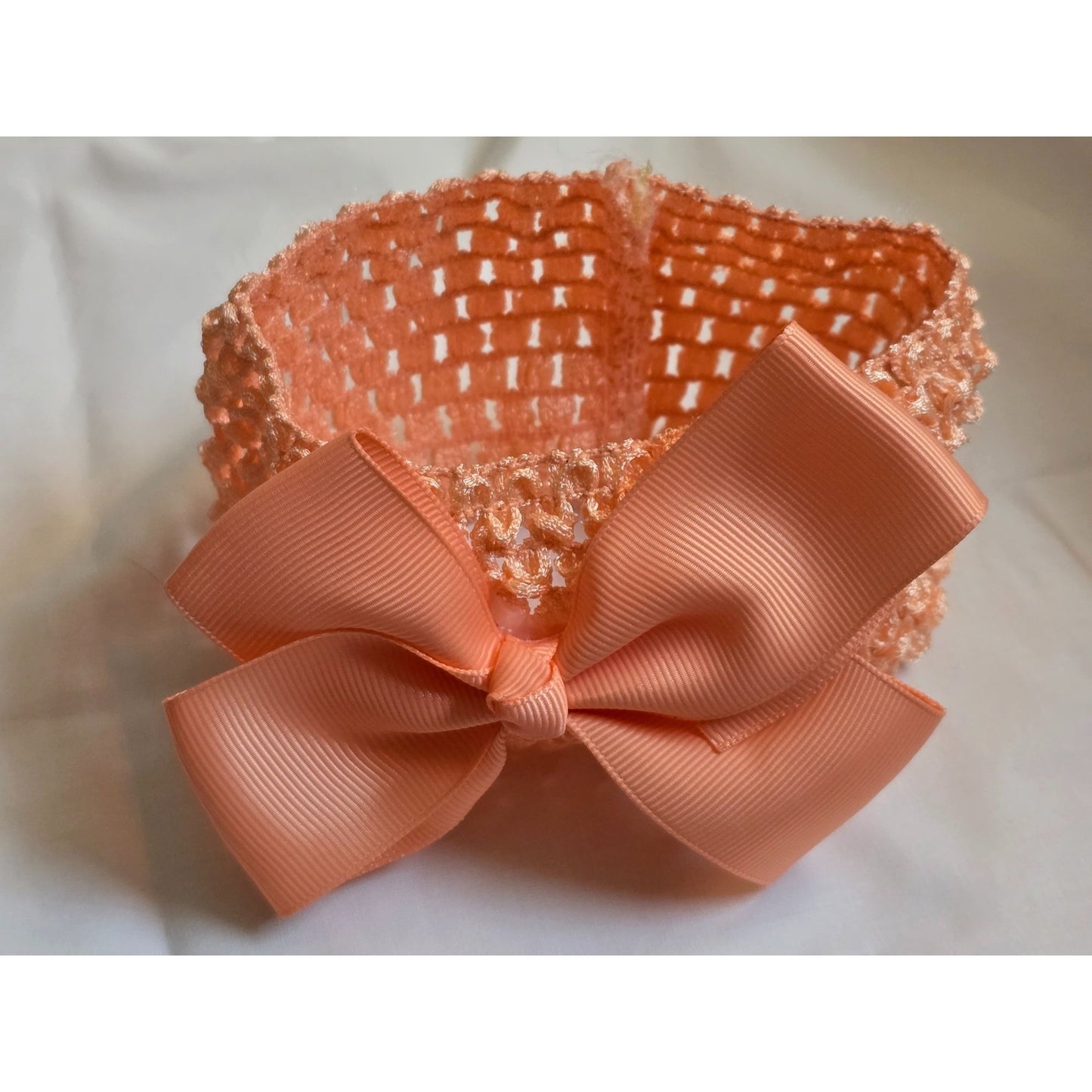 Peach Crochet Baby Headband With Grosgrain Bow