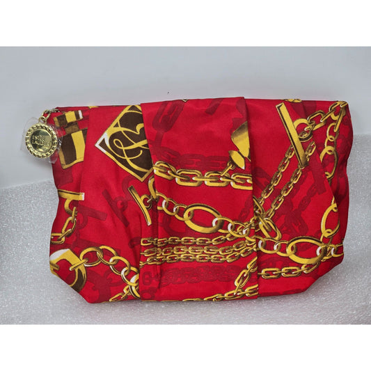 Estee Lauder Red Makeup Cosmetic Bag With Gold Chain Print & Zipper Closure