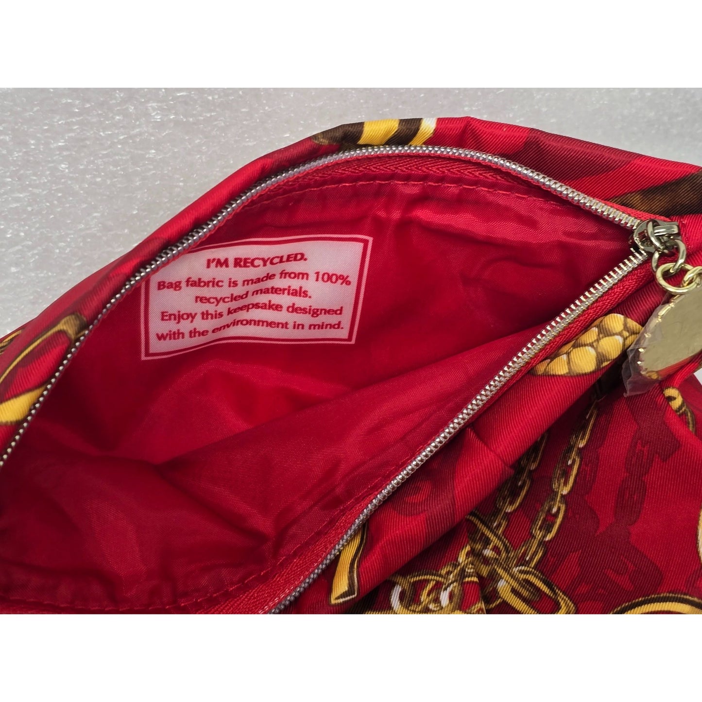 Estee Lauder Red Makeup Cosmetic Bag With Gold Chain Print & Zipper Closure