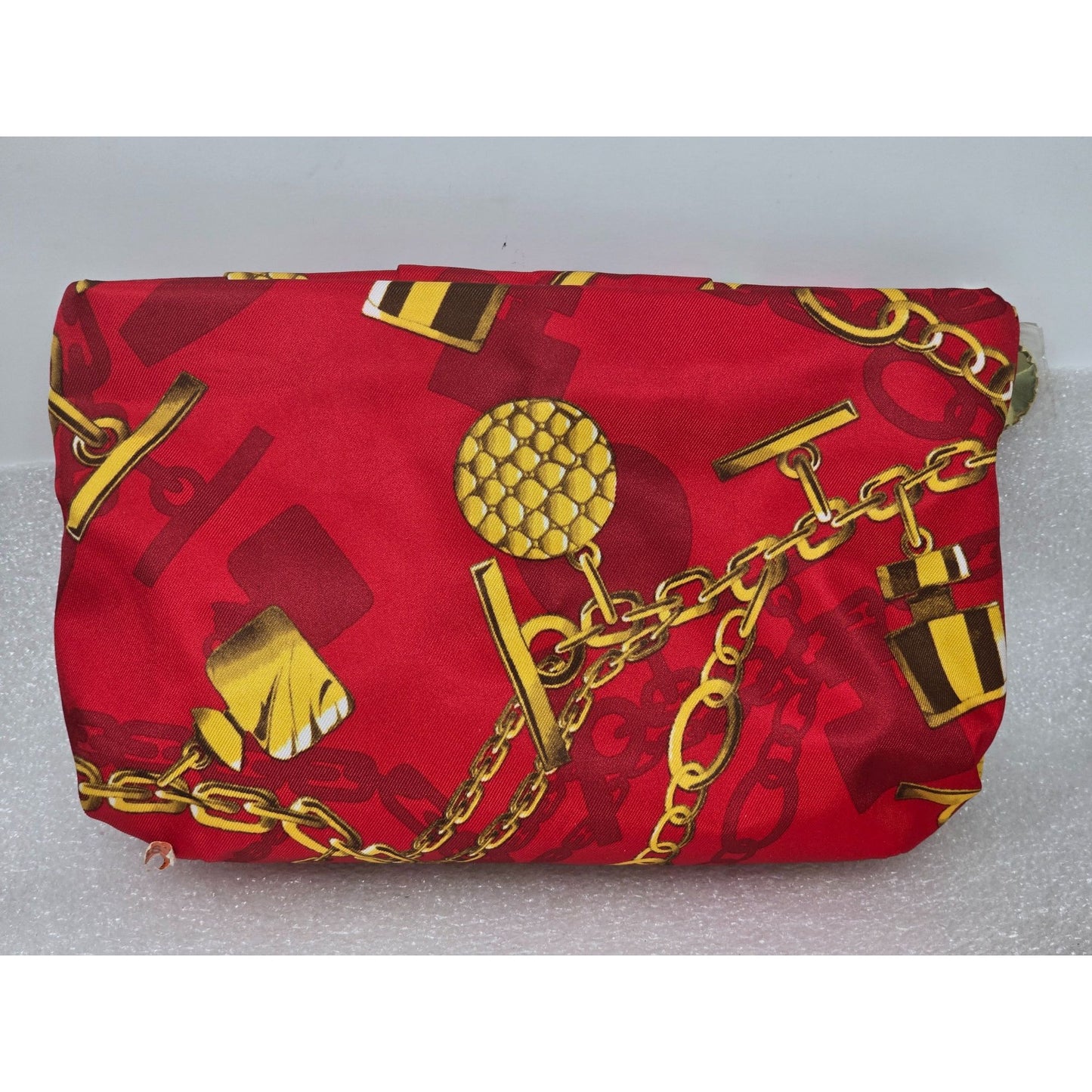 Estee Lauder Red Makeup Cosmetic Bag With Gold Chain Print & Zipper Closure