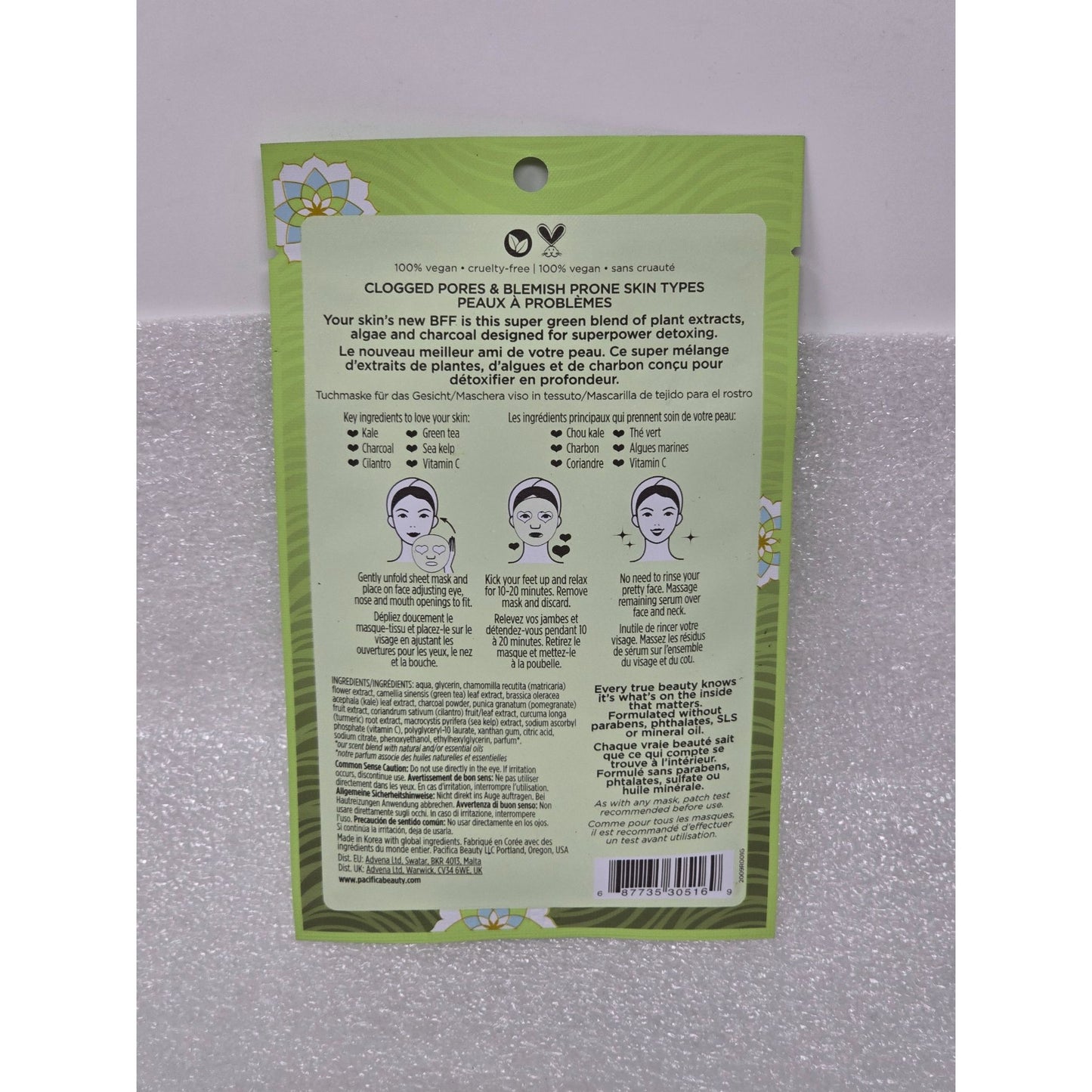 Pacifica Super Green Detox Kale & Charcoal Sheet Mask Clogged Pores & Blemish