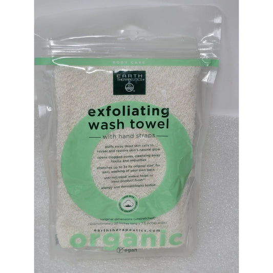 Earth Therapeutics Exfoliating Wash Towel W/ Hand Straps Organic Vegan Body Care