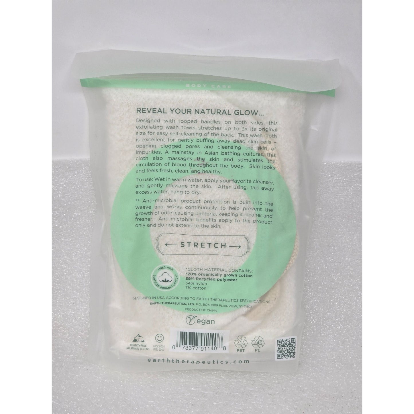 Earth Therapeutics Exfoliating Wash Towel W/ Hand Straps Organic Vegan Body Care