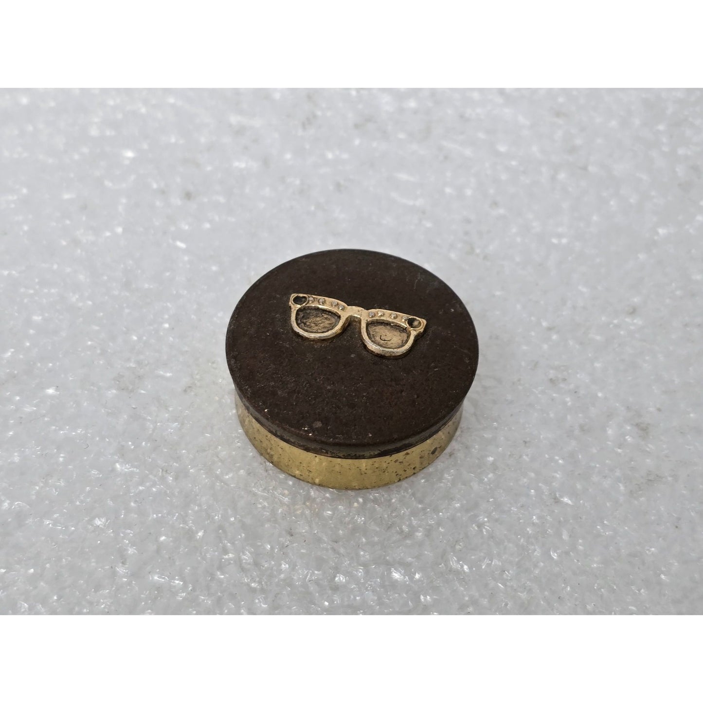 Vintage Brass Trinket Pill Box With Eyeglass Motif Lid Unique Mini Storage