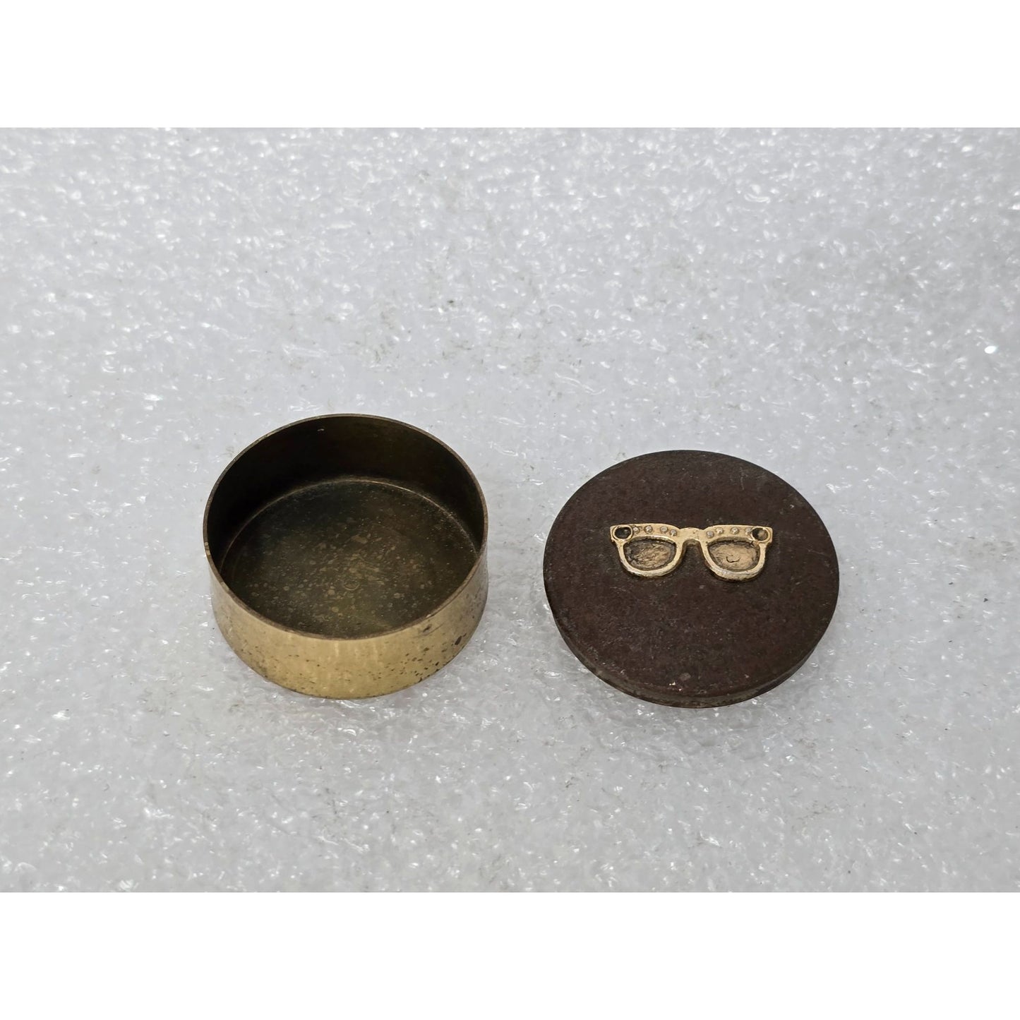 Vintage Brass Trinket Pill Box With Eyeglass Motif Lid Unique Mini Storage