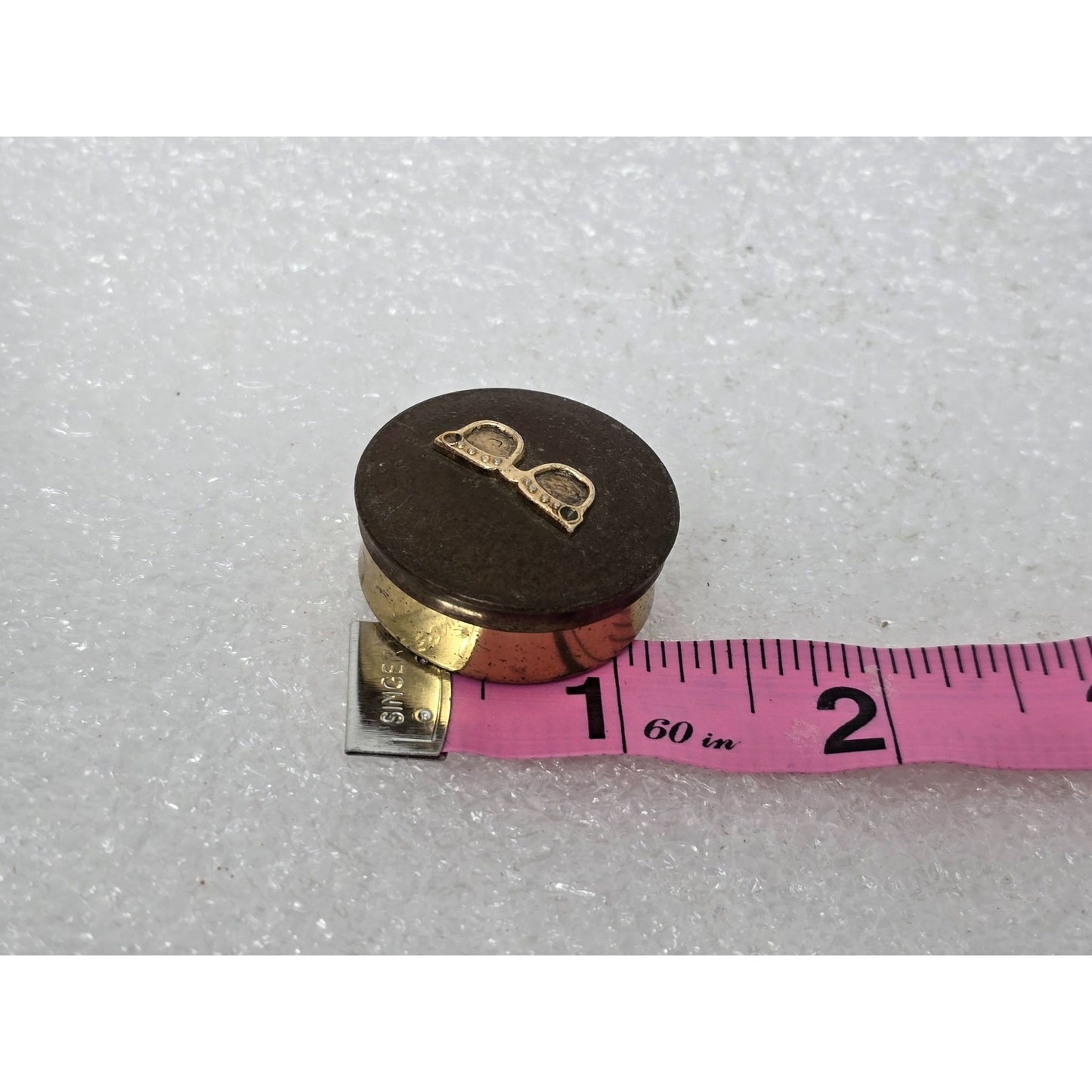 Vintage Brass Trinket Pill Box With Eyeglass Motif Lid Unique Mini Storage