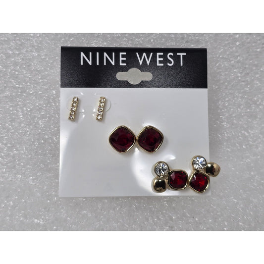 Nine West Gold-Tone & Red Crystal Stud Earrings Set Of 3 Pairs For Women
