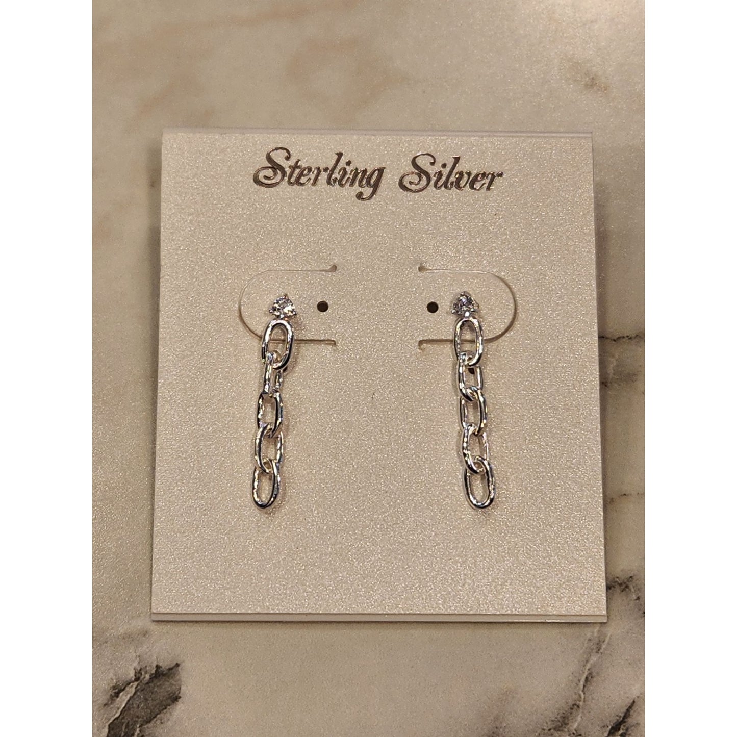 Sterling Silver Chain Drop Earrings With Cubic Zirconia Studs