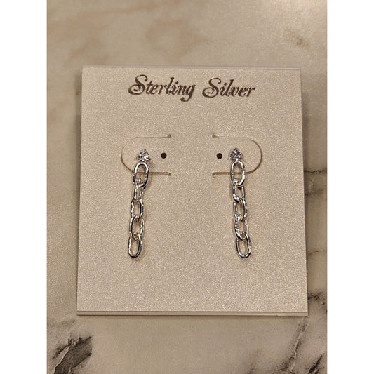 Sterling Silver Chain Drop Earrings With Cubic Zirconia Studs