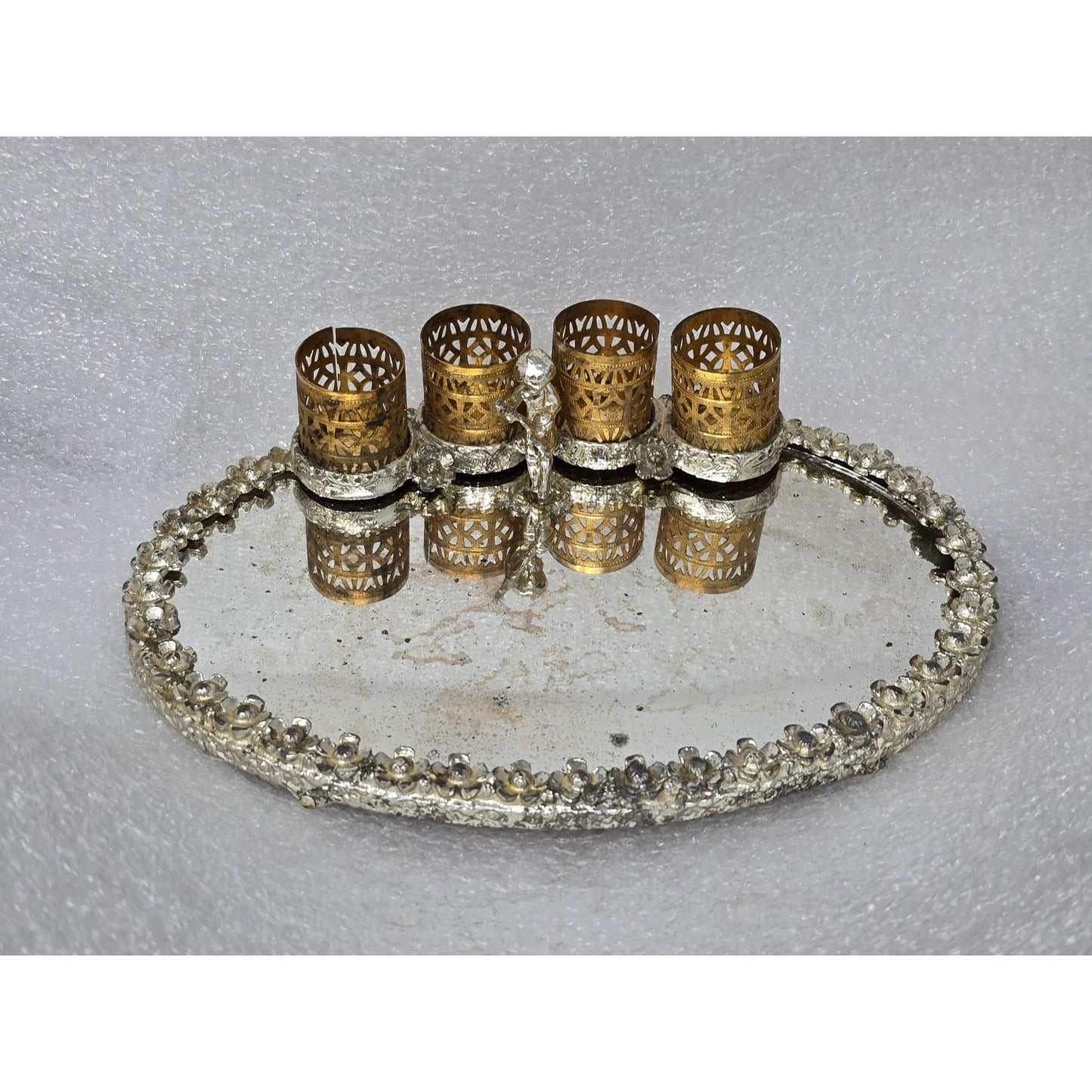 Vintage Vanity Mirror Tray Cherub Lipstick Holder Filigree Hollywood Regency