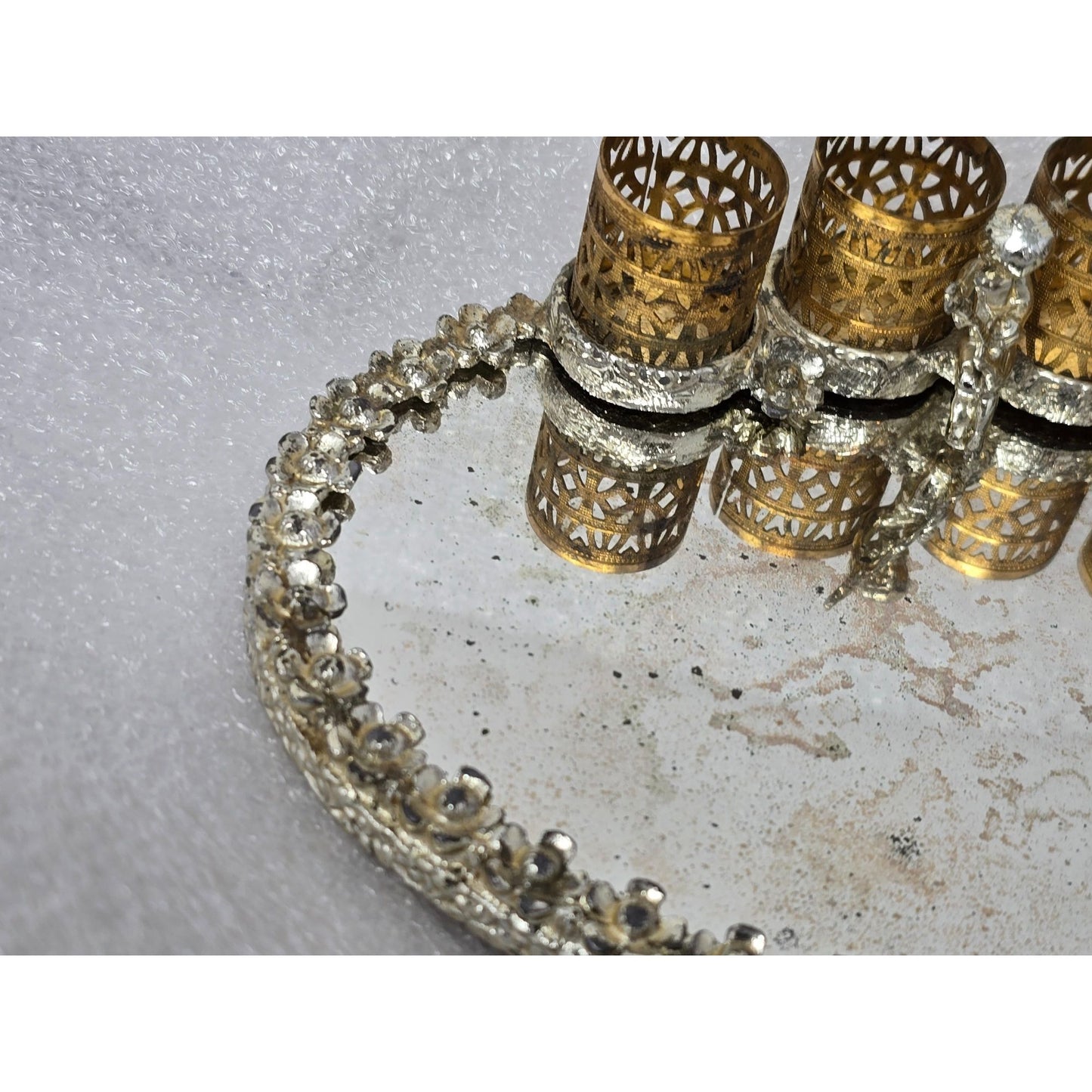 Vintage Vanity Mirror Tray Cherub Lipstick Holder Filigree Hollywood Regency