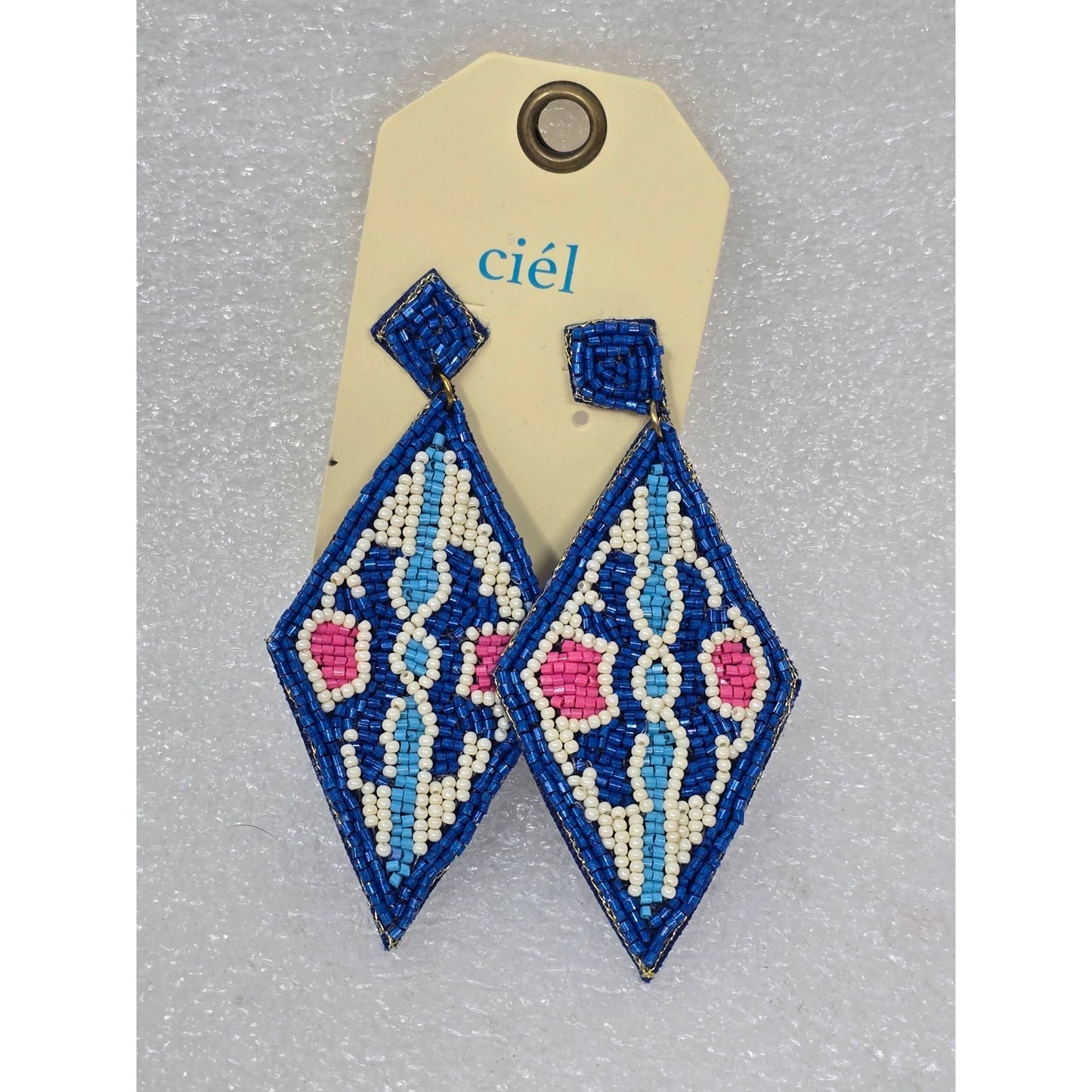 Beaded Blue & White Diamond Statement Earrings By Ciel