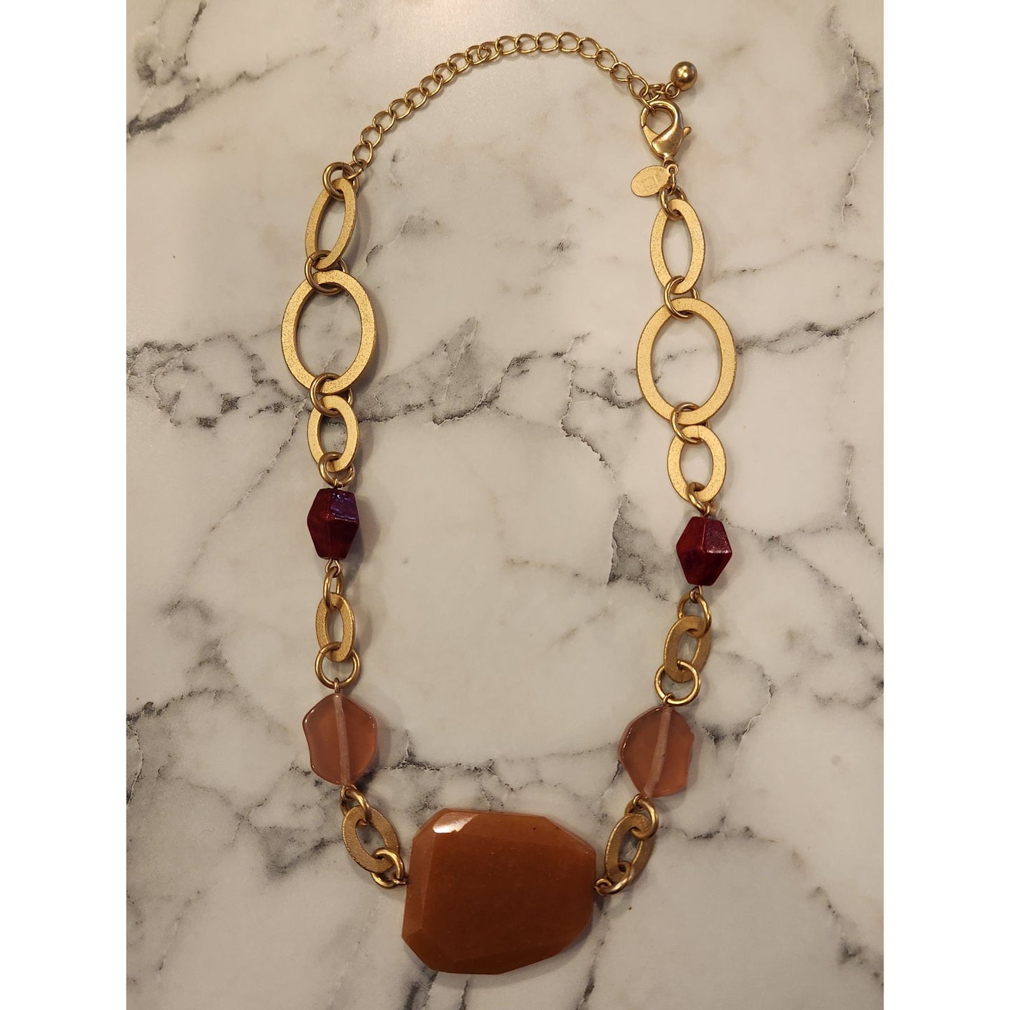 Chico's Gold Tone Chain Necklace With Large Orange & Red Gemstone Beads