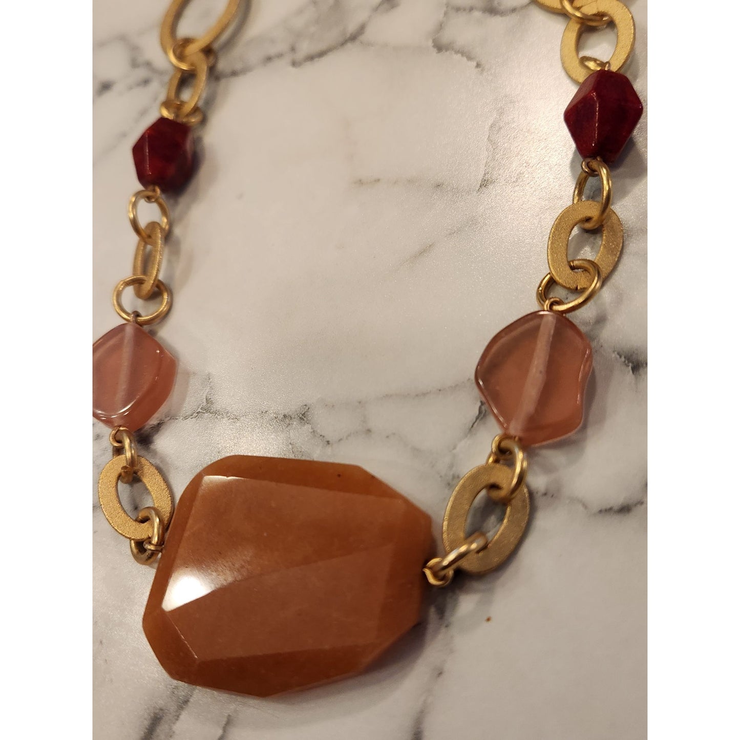 Chico's Gold Tone Chain Necklace With Large Orange & Red Gemstone Beads