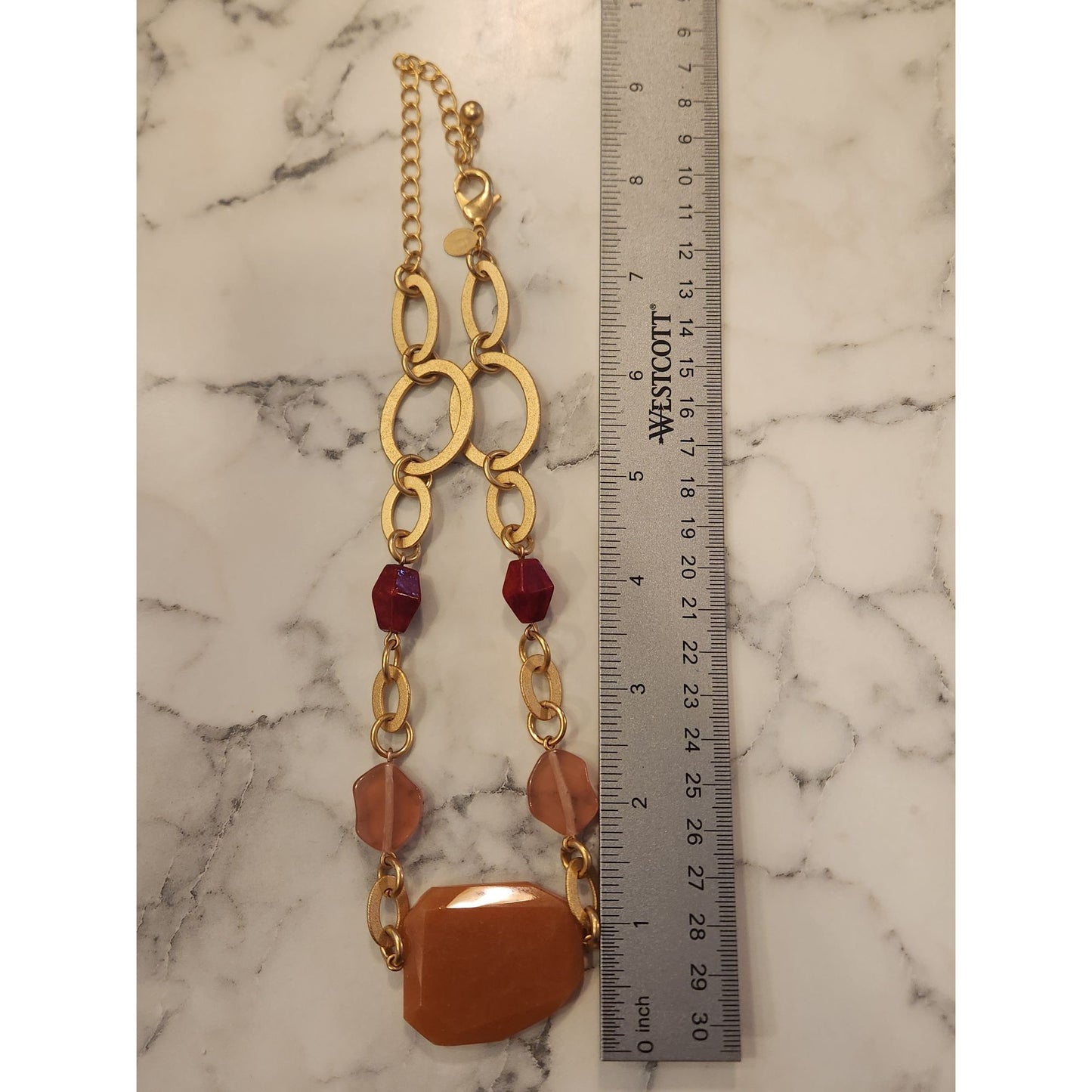 Chico's Gold Tone Chain Necklace With Large Orange & Red Gemstone Beads