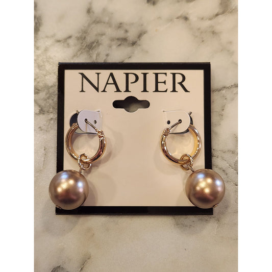 Napier Gold-Tone Hoop Earrings With Faux Pearl Drop Design