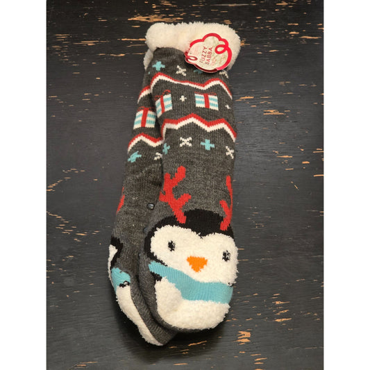 Fuzzy Babba Long Cozy Warmer Socks With Penguin & Reindeer Antlers Design