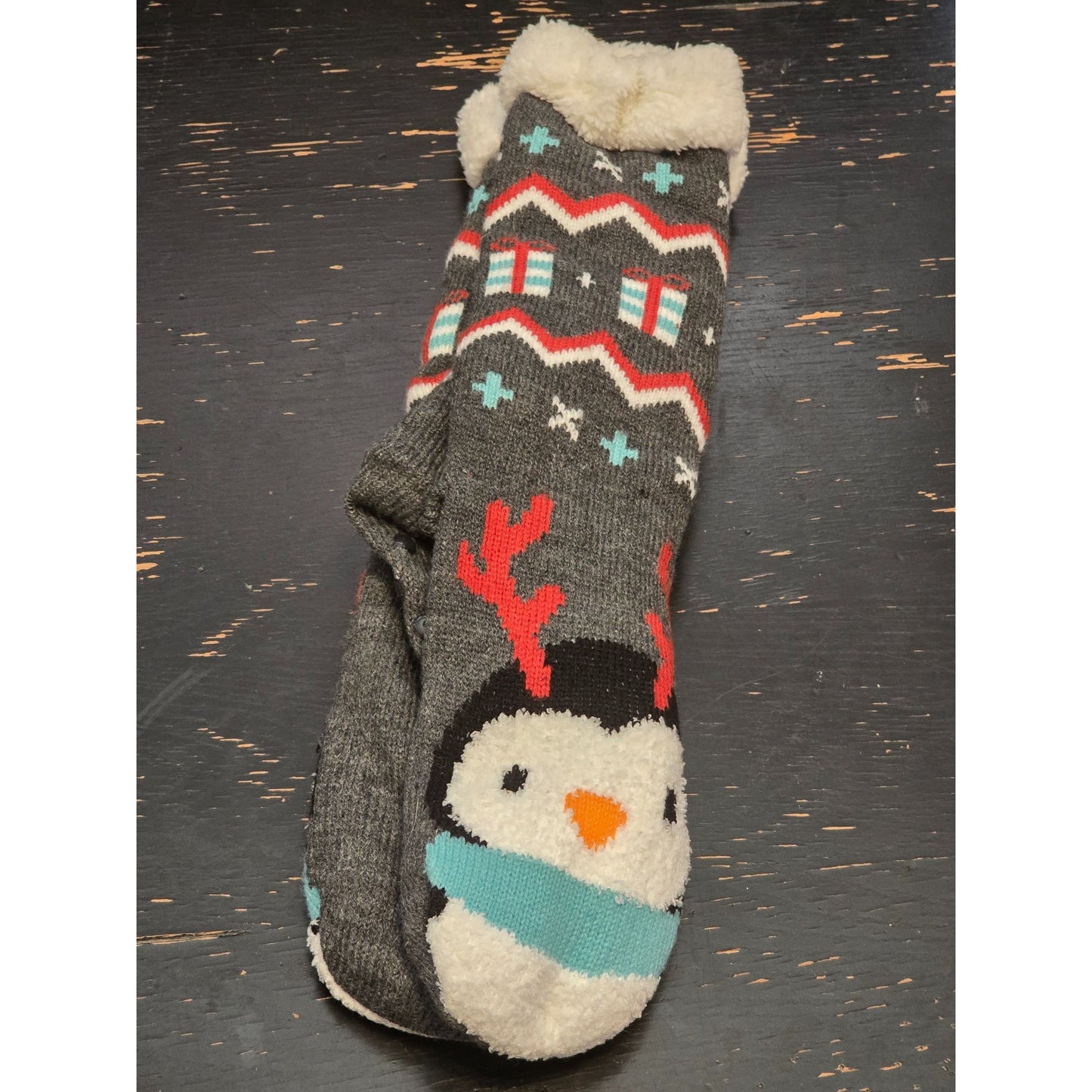Fuzzy Babba Long Cozy Warmer Socks With Penguin & Reindeer Antlers Design