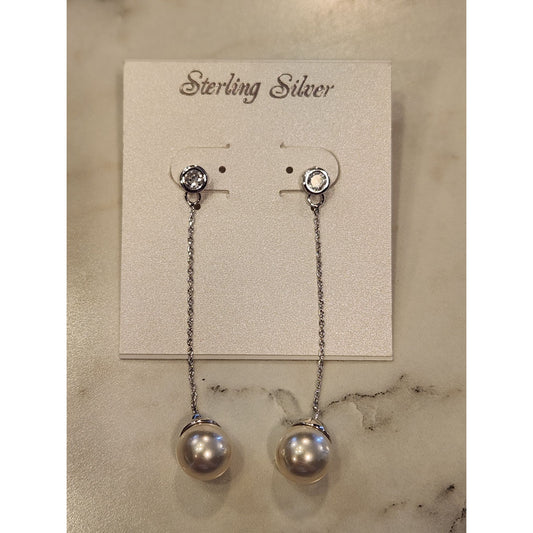 Sterling Silver Faux Pearl Drop Earrings With Sparkling CZ Studs