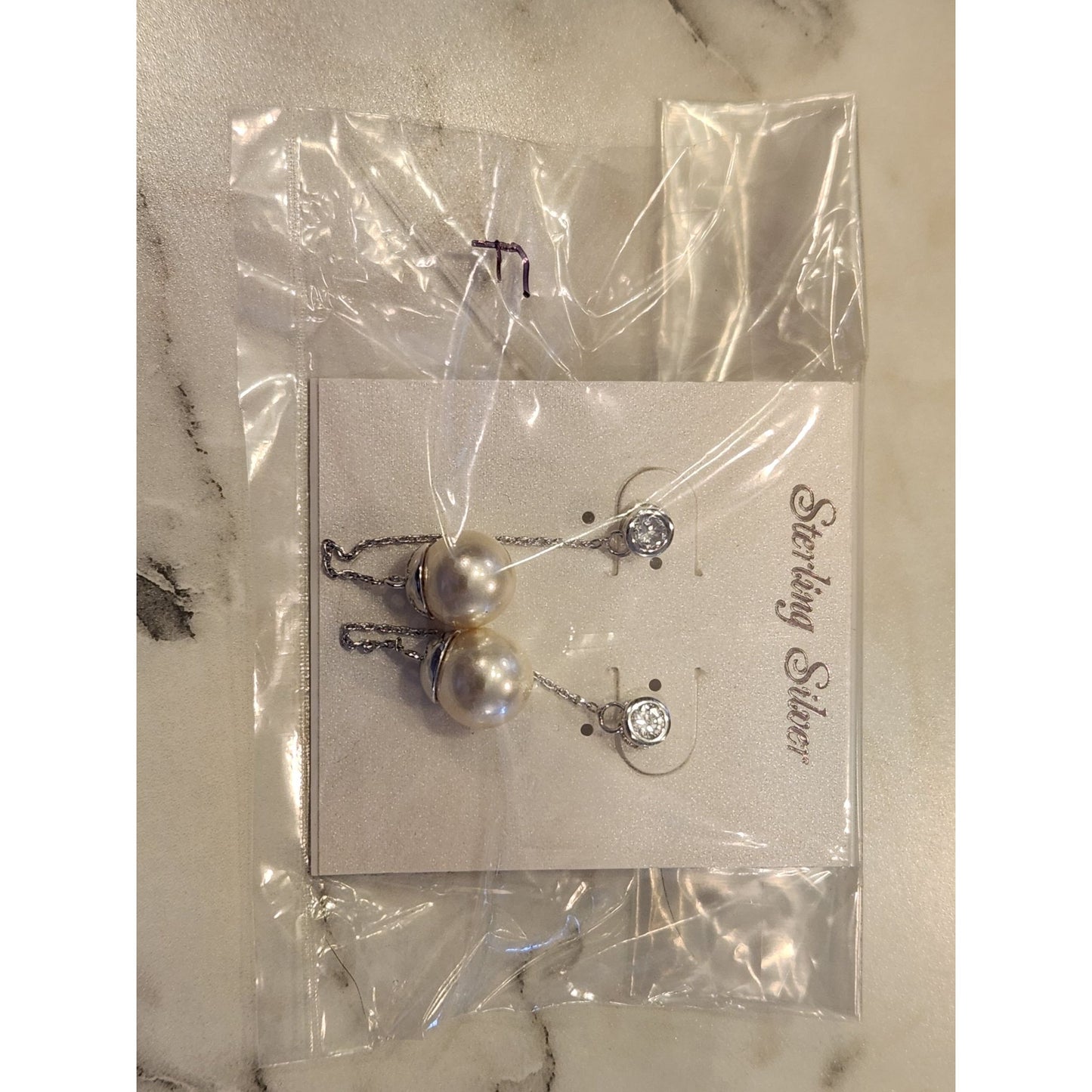 Sterling Silver Faux Pearl Drop Earrings With Sparkling CZ Studs