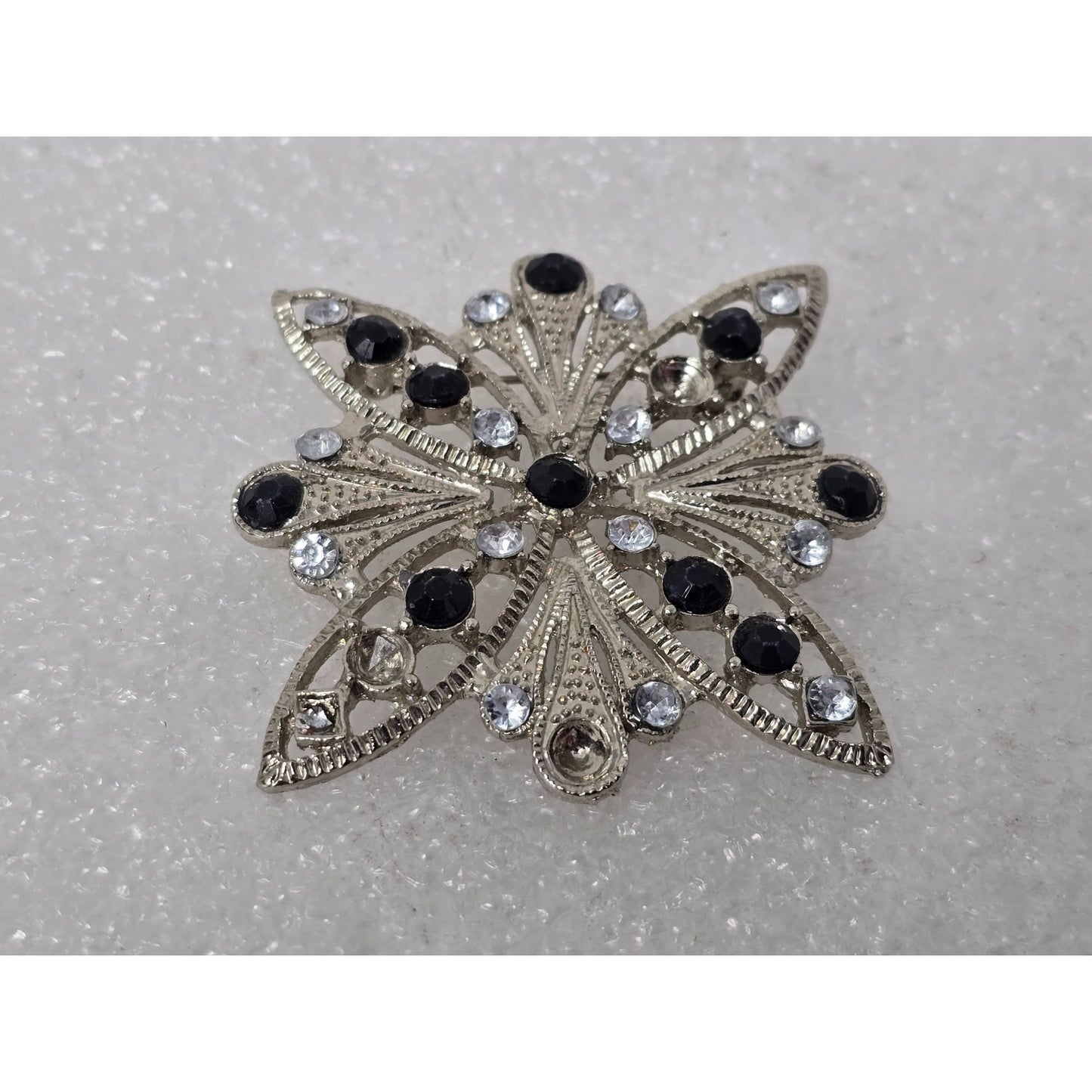 Vintage Silver Tone Rhinestone Starburst Brooch Black Clear Crystal Pin (As Is)