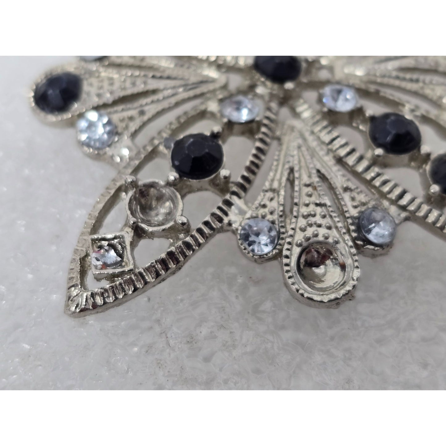 Vintage Silver Tone Rhinestone Starburst Brooch Black Clear Crystal Pin (As Is)