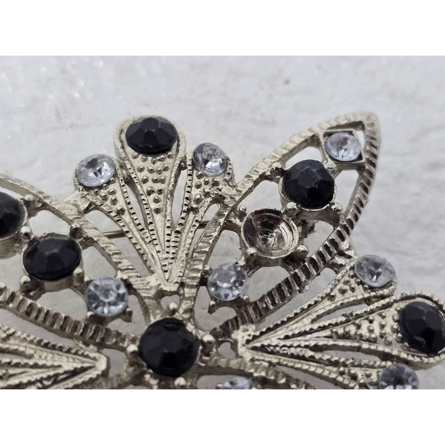 Vintage Silver Tone Rhinestone Starburst Brooch Black Clear Crystal Pin (As Is)