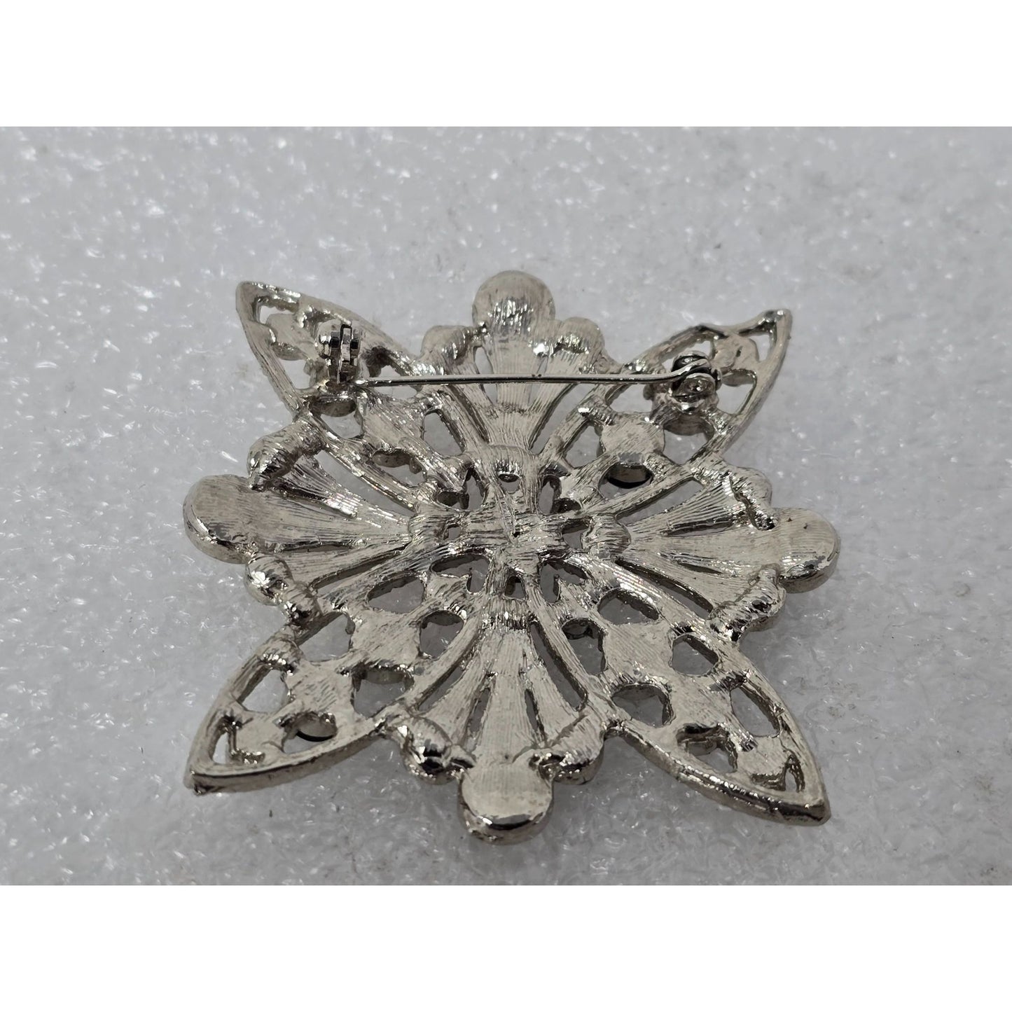 Vintage Silver Tone Rhinestone Starburst Brooch Black Clear Crystal Pin (As Is)