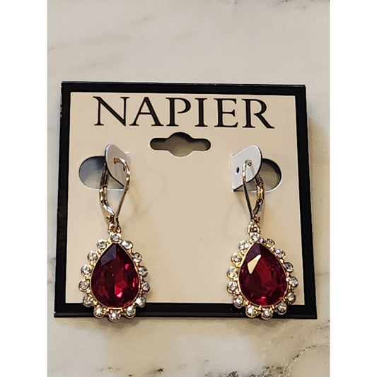 Napier Gold-Tone Leverback Earrings Red Teardrop Gemstone Clear Crystal Accents