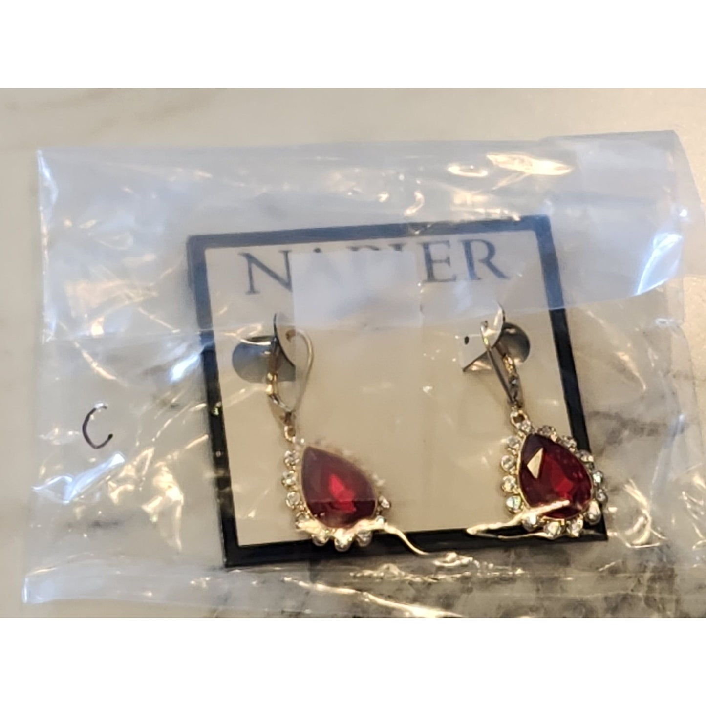 Napier Gold-Tone Leverback Earrings Red Teardrop Gemstone Clear Crystal Accents